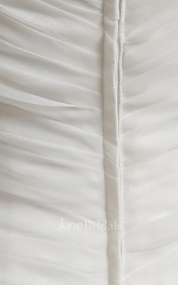 Plunged Organza Ruched Dress With Tulle Overlay