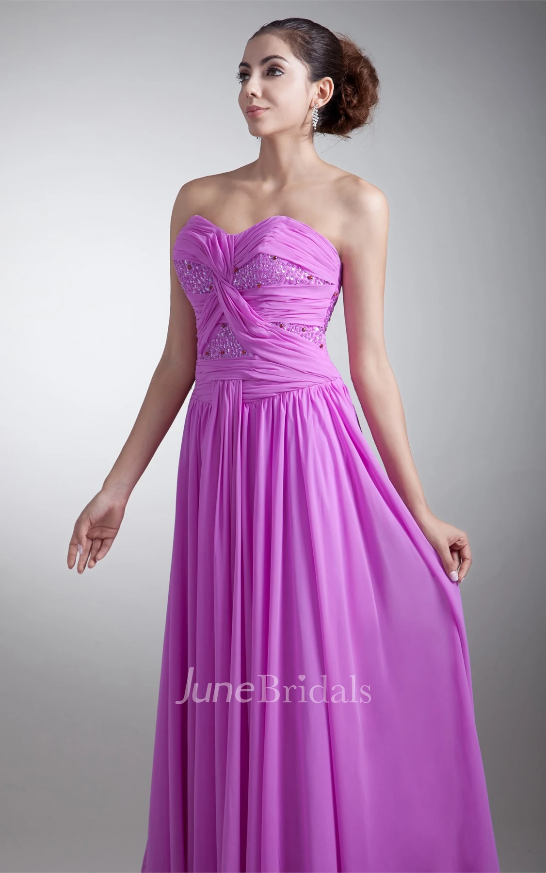 chiffon floor-length beaded dress with pleats and ruching