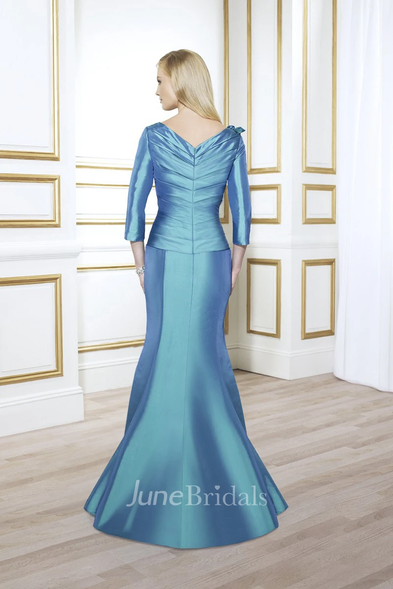 Satin Ruched Long-Sleeve V-Neckline Mother Of The Bride