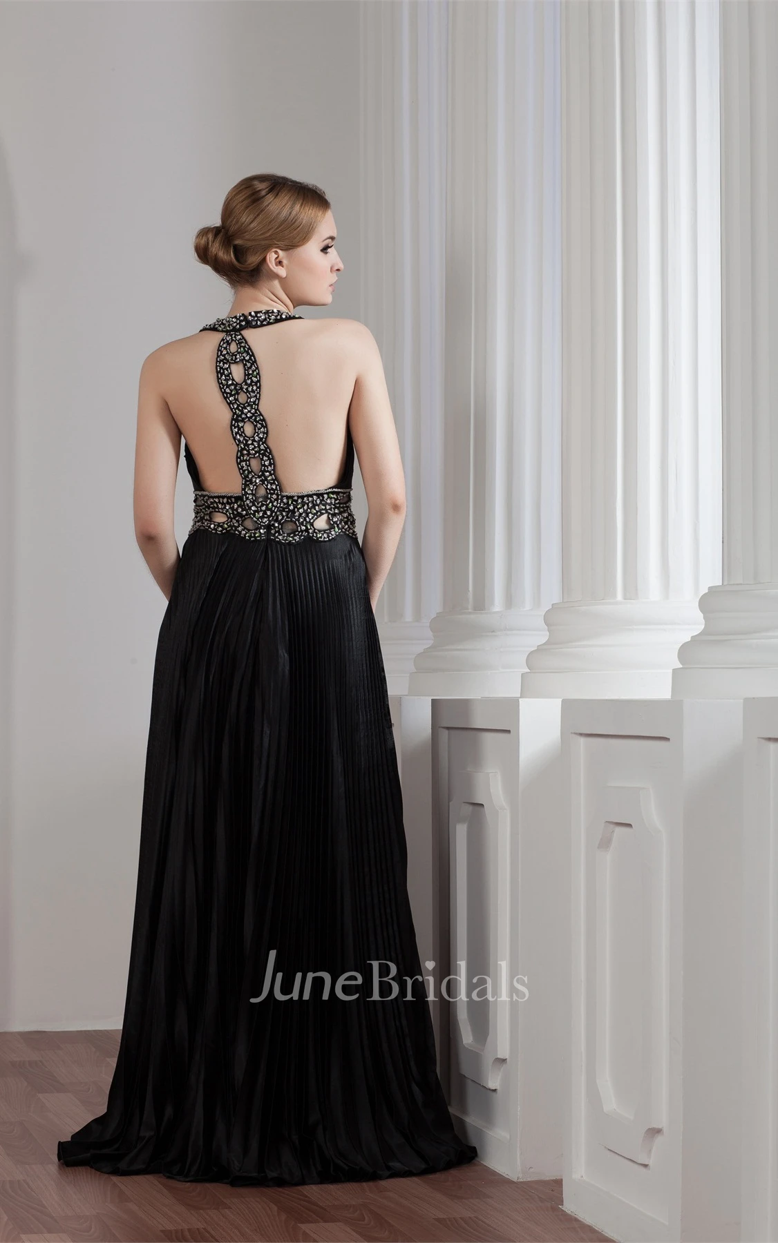 Plunged A-Line Floor-Length Gown with Beading and Keyhole