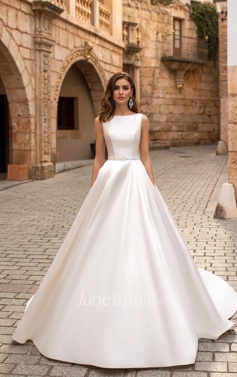 Modest A-Line Sleeveless Spring Wedding Dress Simple Satin Lace Back Gown with Pockets