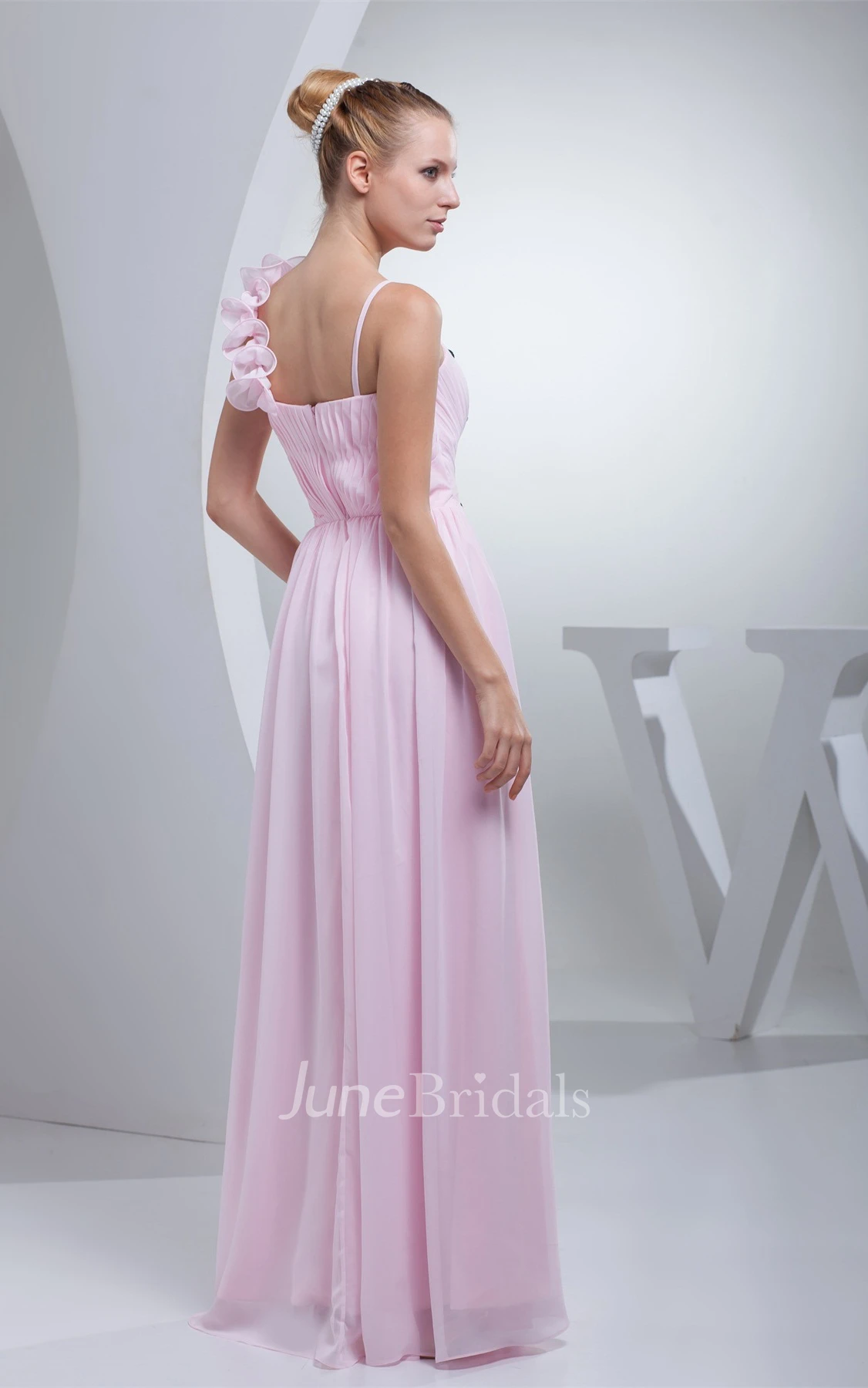 Spaghetti-Straps Ruched Floor-Length Dress with Beading and Floral Embellishment