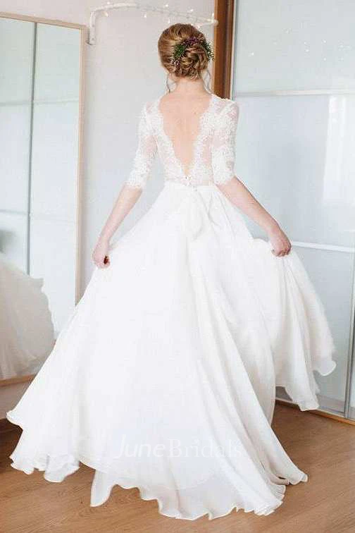 Lace Half Sleeve Chiffon Floor-Length Dress With Deep-V Back