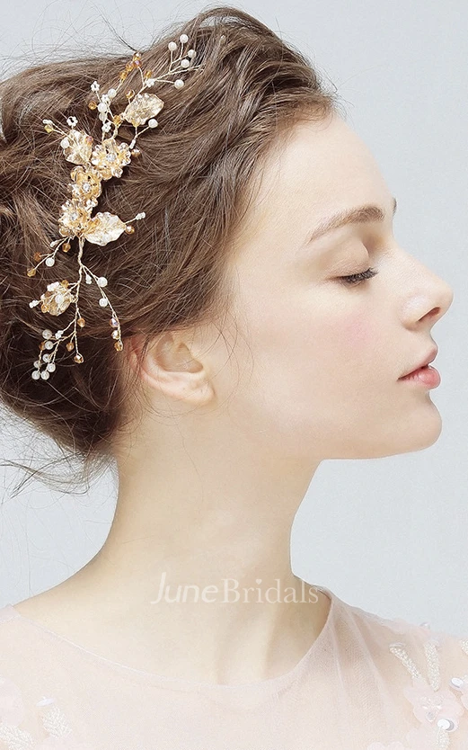 Aesthetic Delicate Gold Flower Rhinestone Crystal Pearl Manual Hair Comb