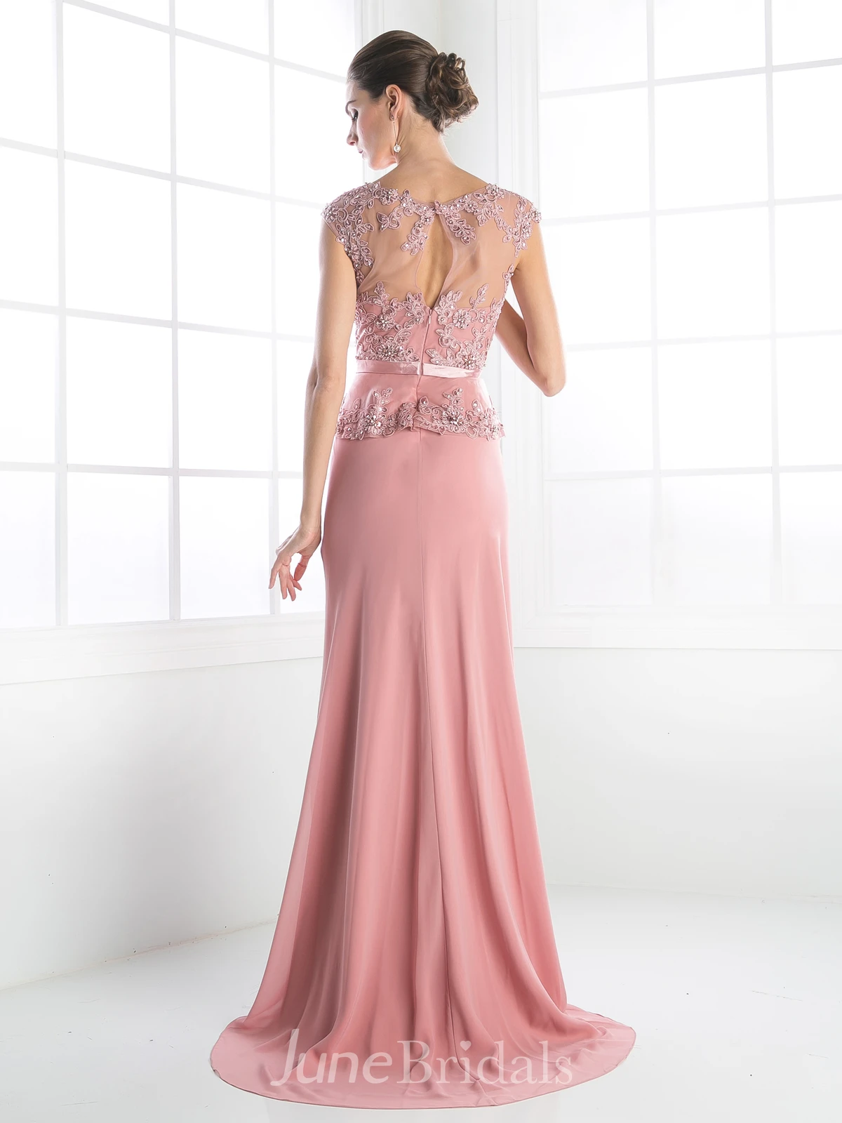 Column Peplum Jeweled Long Scoop-Neck Jersey Cap-Sleeve Illusion Dress