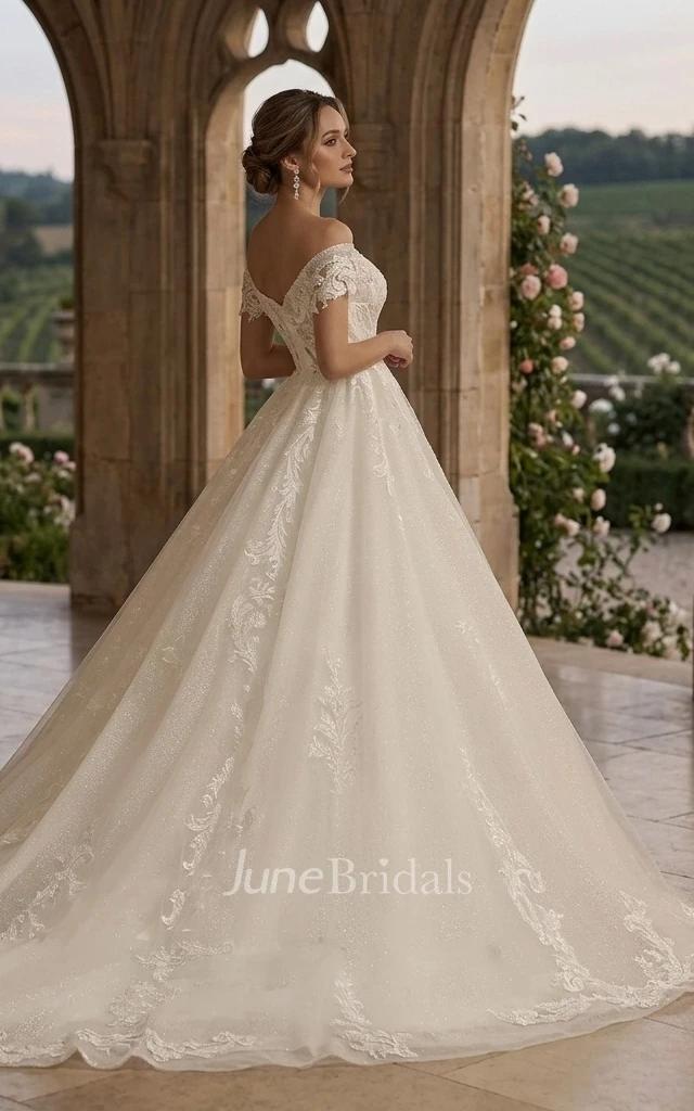 Sexy Floral Princess A-Line Boho Lace Off-the-Shoulder Ball Gown Spring Wedding Dress Charming Ethereal Sparkling Sequins Tied Back Bridal Gown