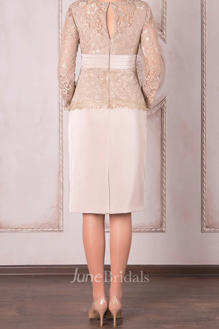 Bateau Lace Long Sleeve Knee-length Dress With Zipper