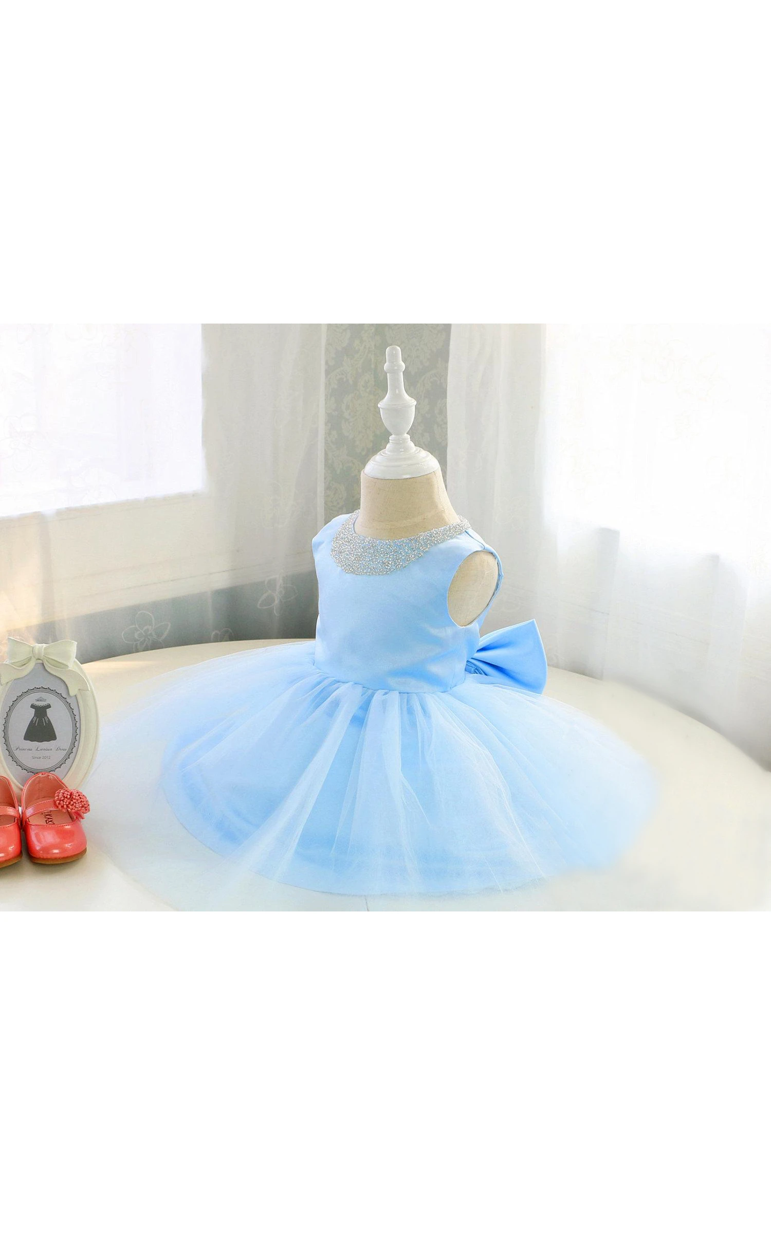 Glitz Beaded Neckline Sleeveless Tulle Pageant Dress With Bow Sash
