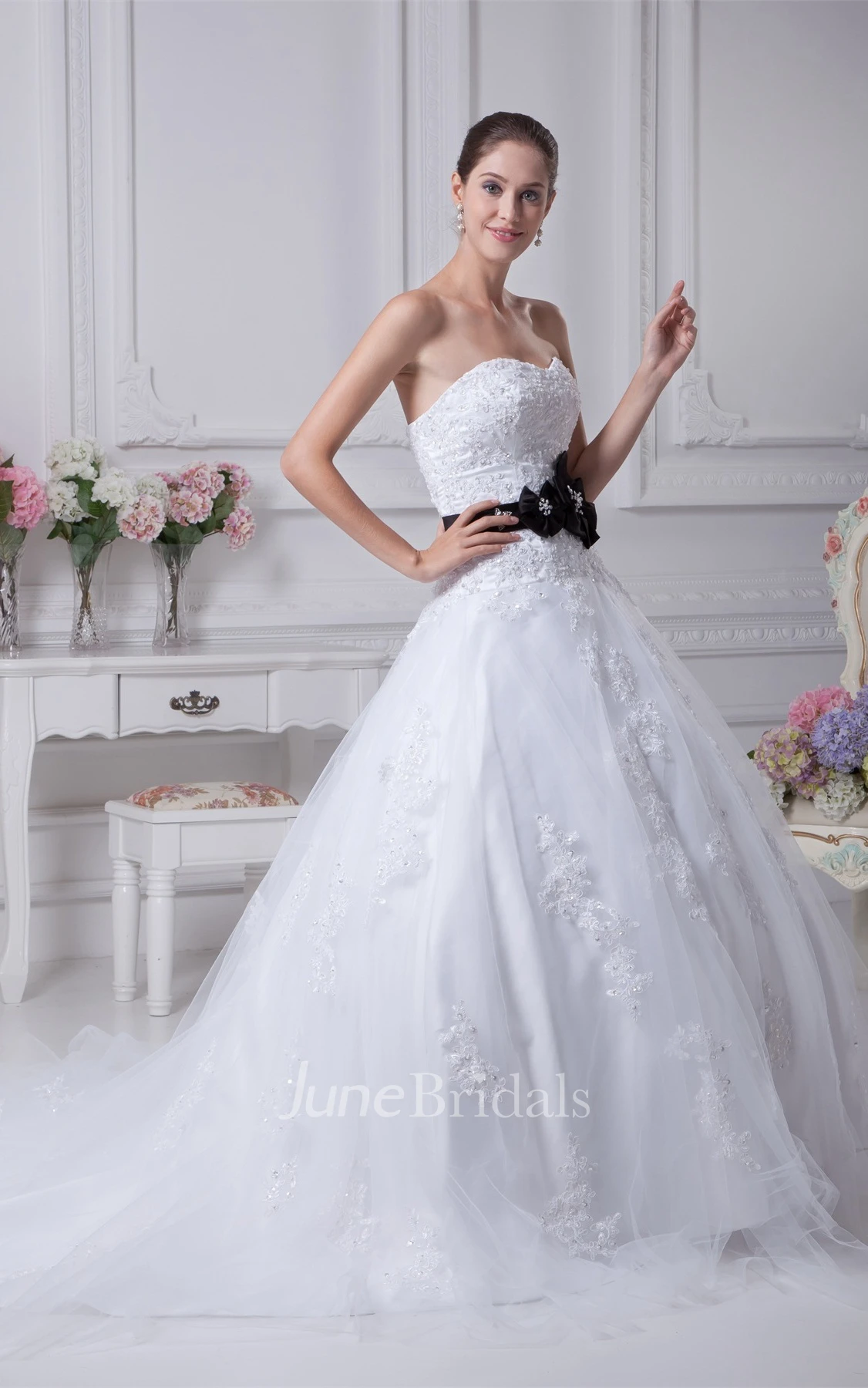Strapless Tulle A-Line Ball Gown with Ribbon and Appliques