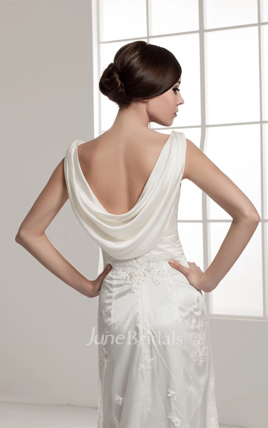 Deep-V-Neck Sheath Floor-Length Dress with Appliques and Ruching