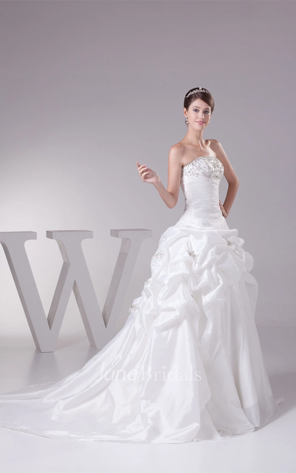 Strapless Pick-Up Pleated Ball Gown with Beading and Appliques