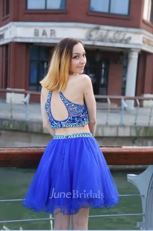 Two Piece Halter Sleeveless Beading Pleats Short Mini Lace Homecoming Dress