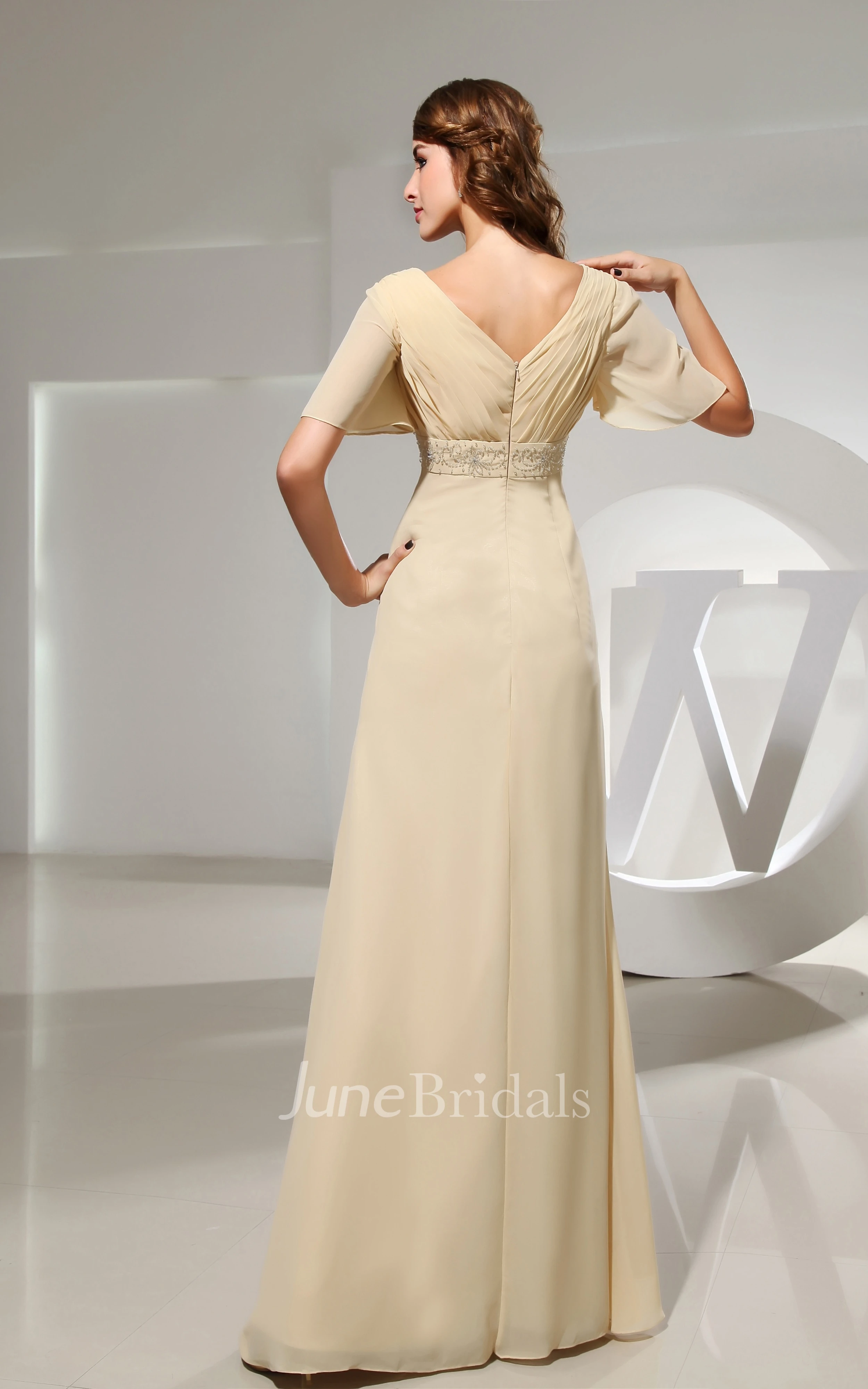 V-Neck Strapless Empire Chiffon Dress With Beading