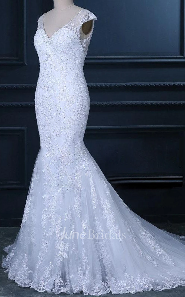 Mermaid Cap Tulle Dress With Appliques And Illusion Back