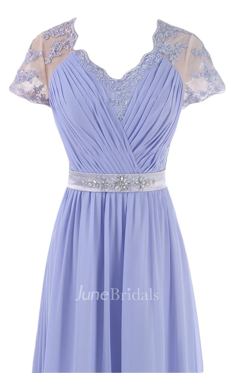 Cap-sleeve V-neck Embroideried A-line Gown With Crystal-beaded Band