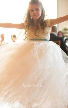 Ruffled Cap Sleeve Square Neck Tulle Dress With Sash