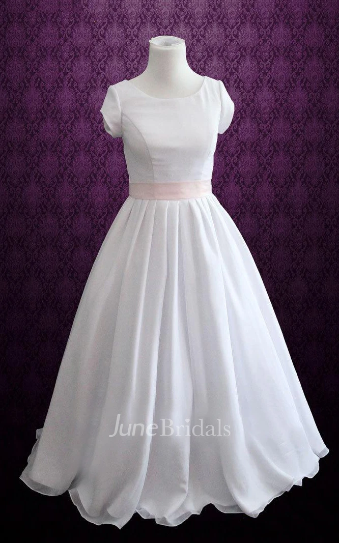 Simple Jewel Neck Cap Sleeve Dress With Sash And Bow
