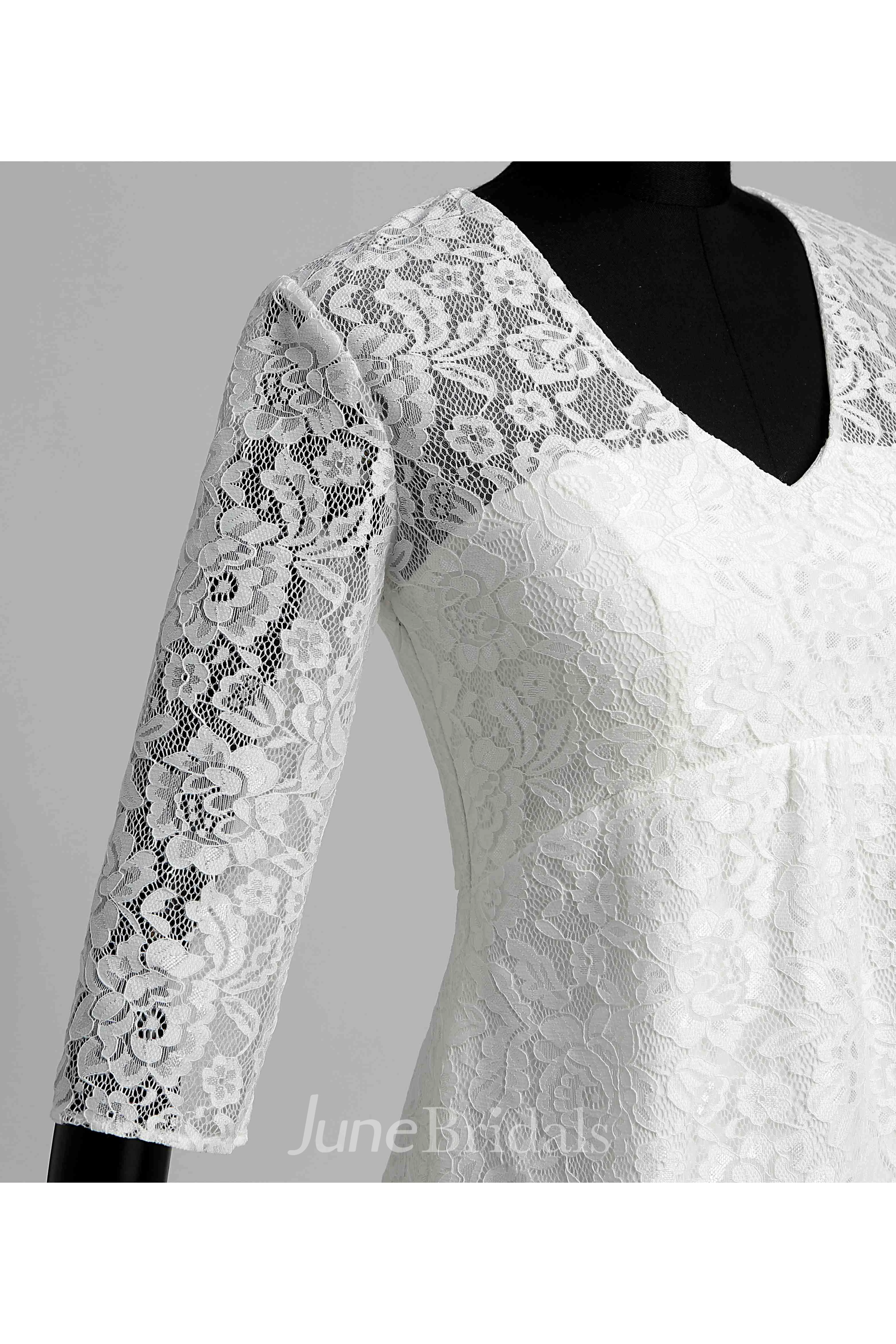 Knee-length A-line V-neck Illusion 3/4 Length Sleeve Illusion Lace Weeding Dress