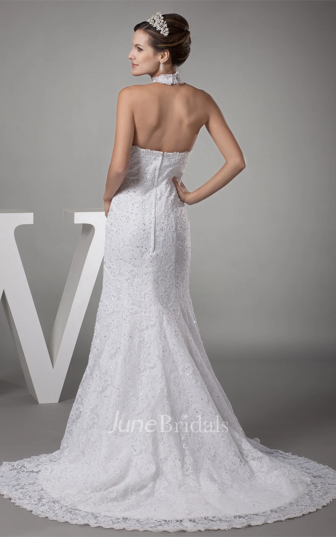 Graceful High-Neck Backless A-Line Dress with Beading and Appliques
