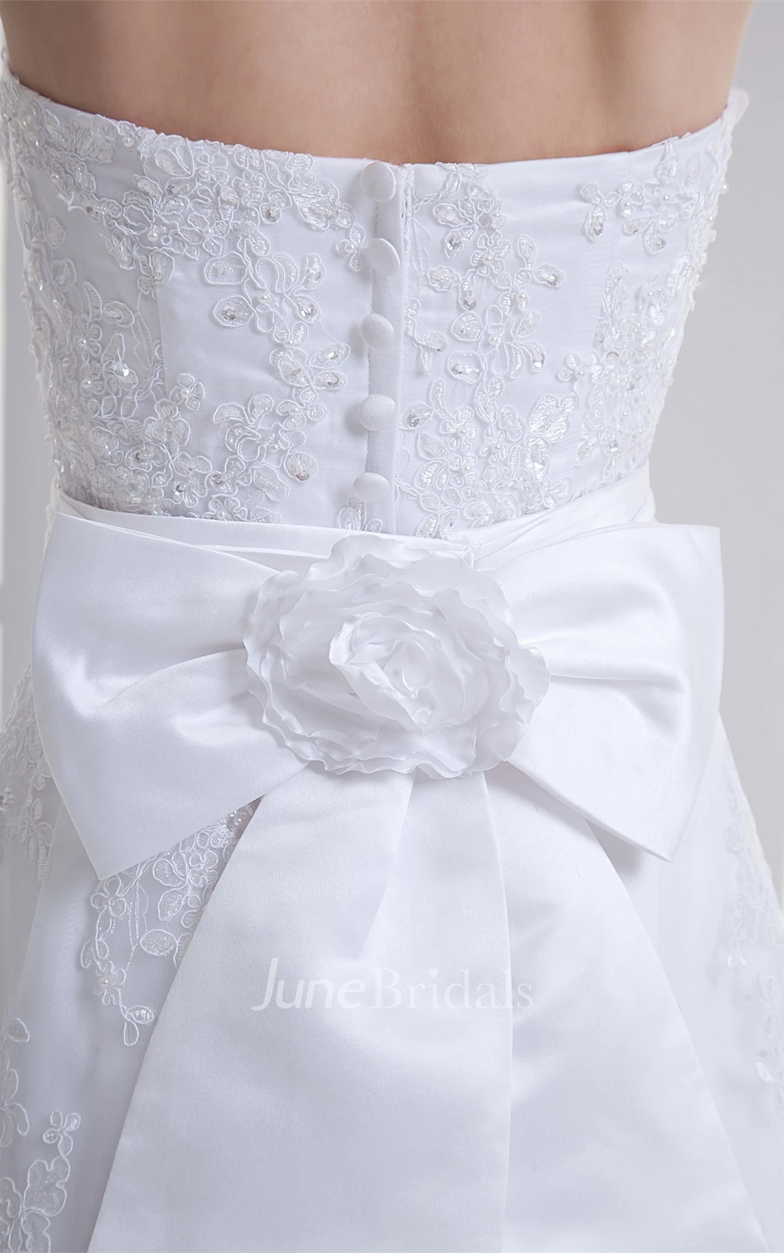 lace a-line floor-length strapless gown with court train and ribbon