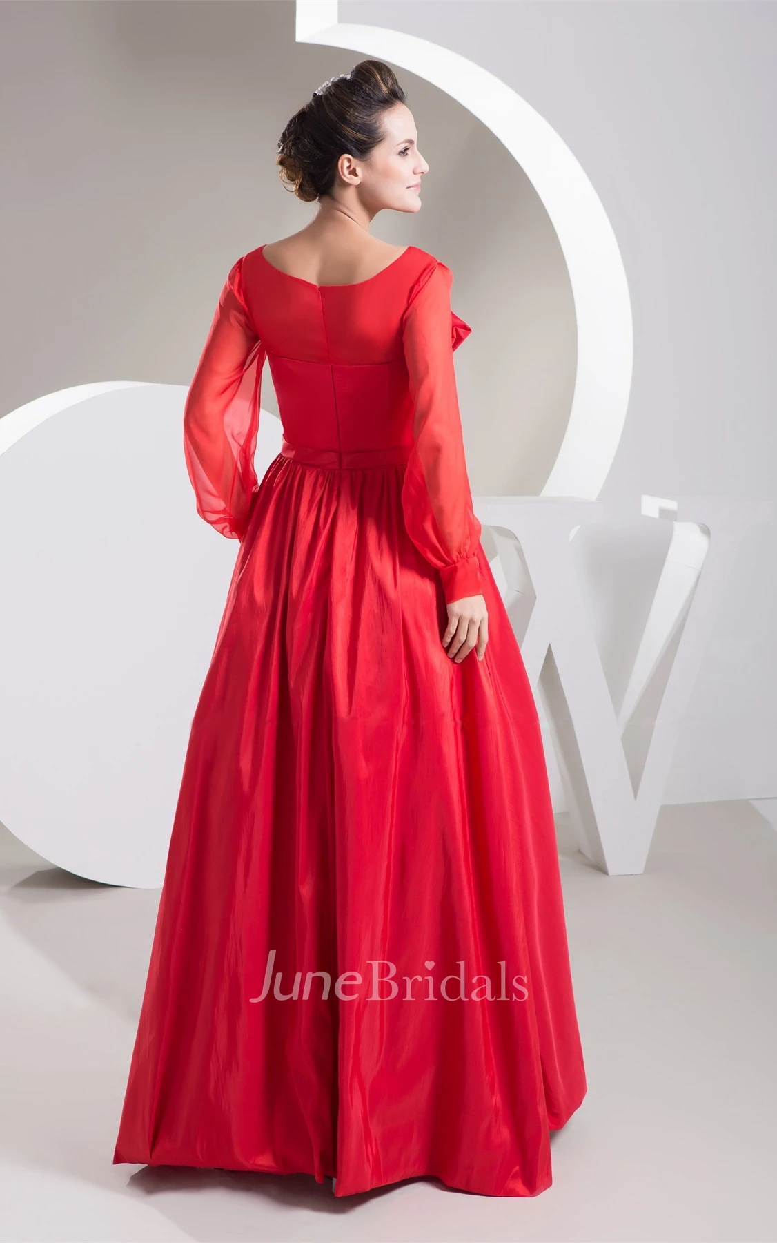 Long-Sleeve Floor-Length A-Line Gown with Bow and Pleats
