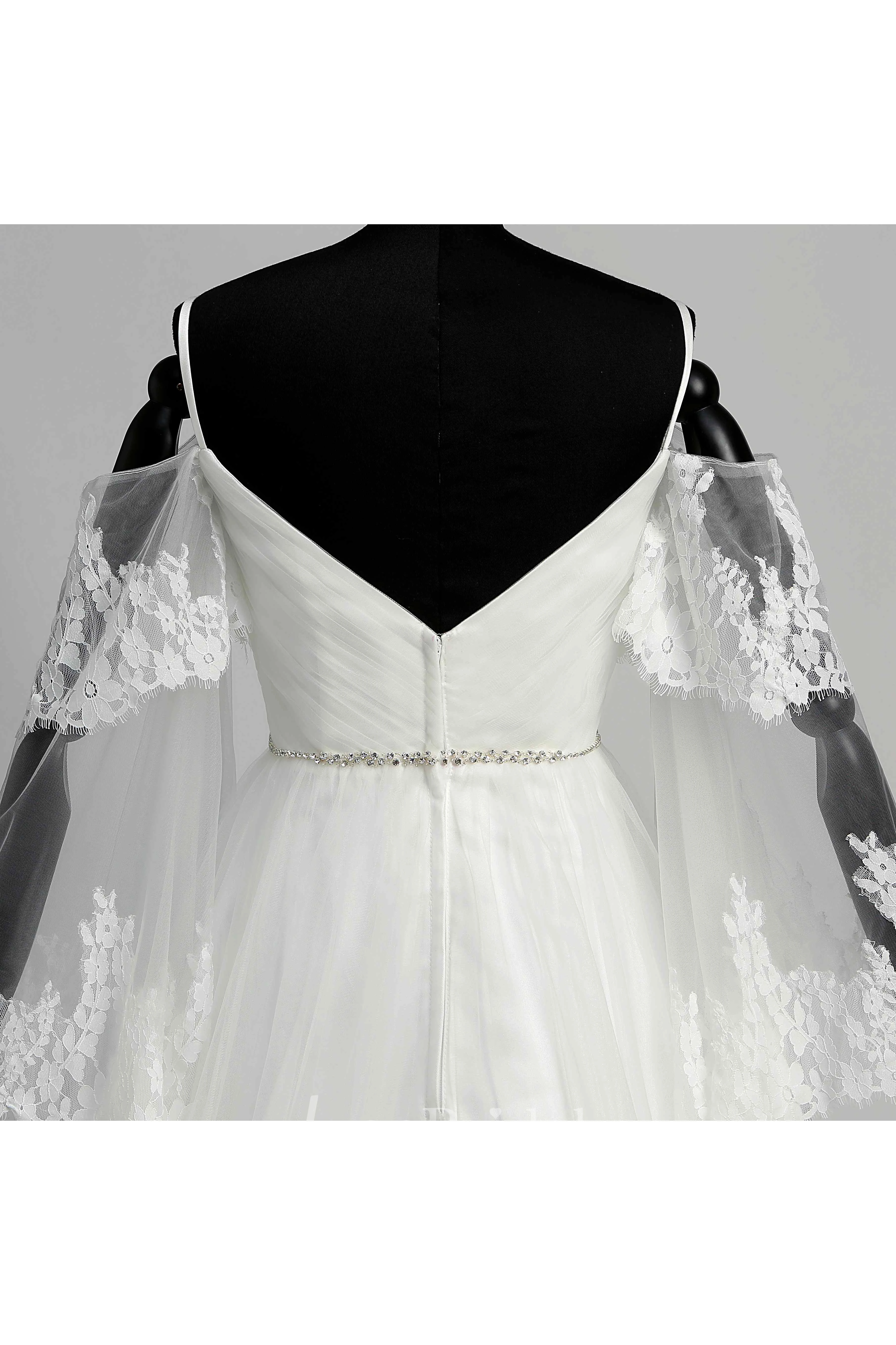 Floor-length Court Train A-line Off-the-shoulder Bell Illusion Long Sleeve Low-V Back Tulle Weeding Dress