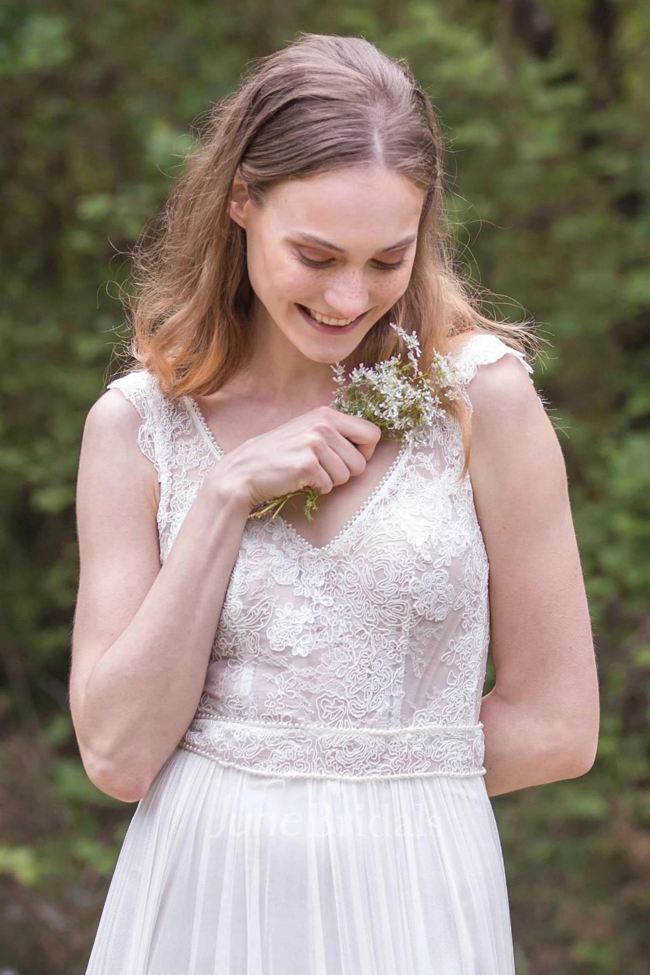 Plunged Sleeveless Pleated Wedding Dress With Lace And Low-V Back