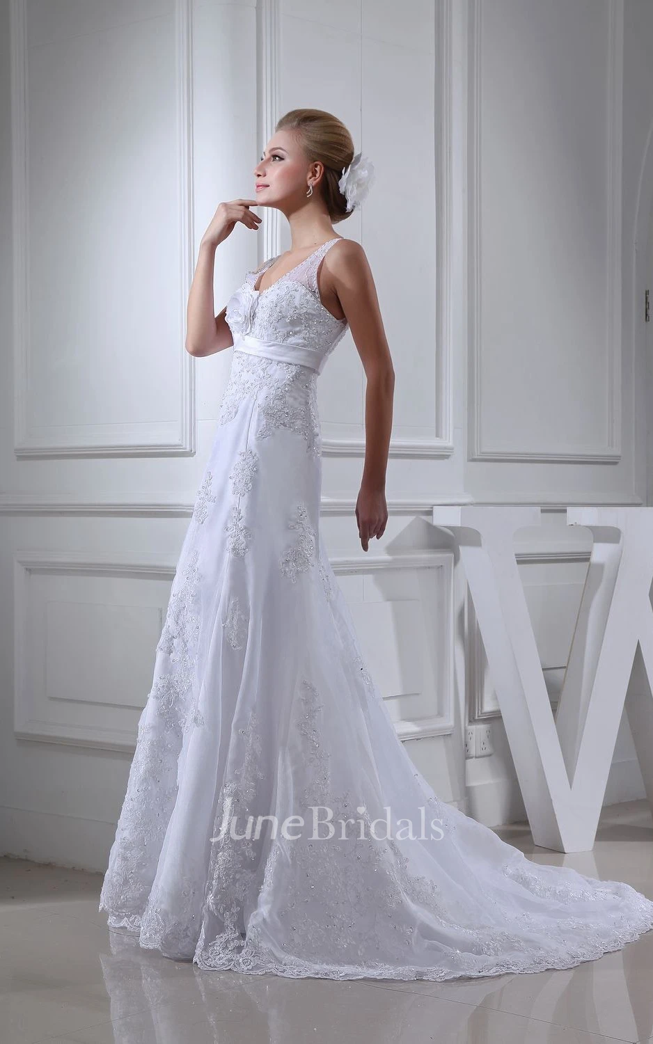 Strapped Lace Sheath Floor-Length Dress With Flower and V-Back Design