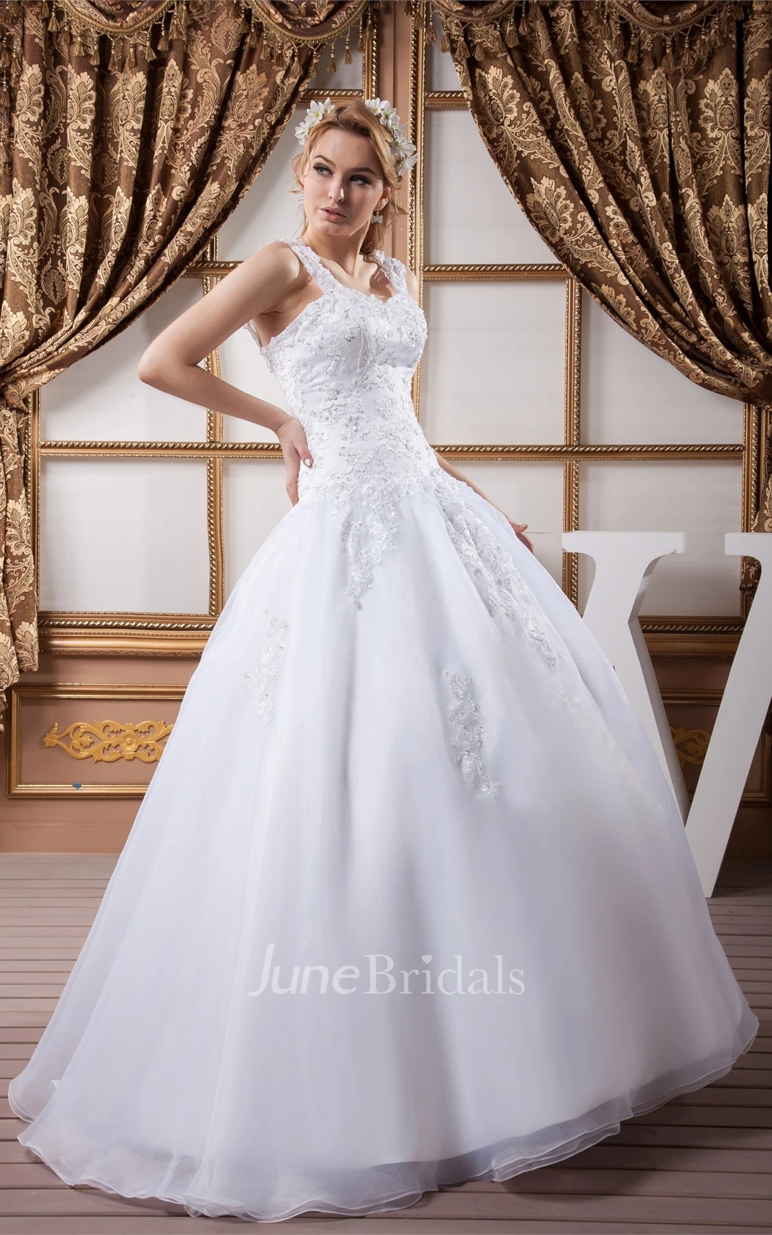 Strapped A-Line Gown with Appliques and Crystal Detailing