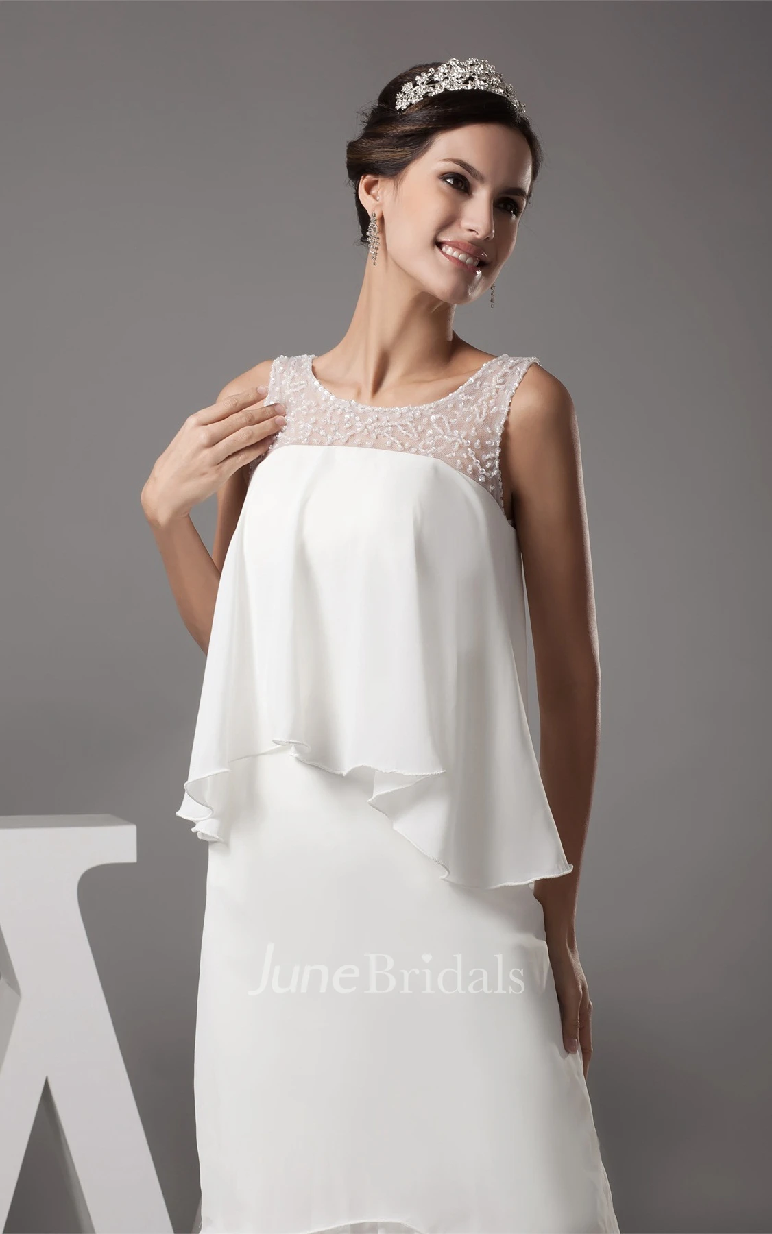 Sleeveless Chiffon Tiered High-Low Dress with Illusion Neckline