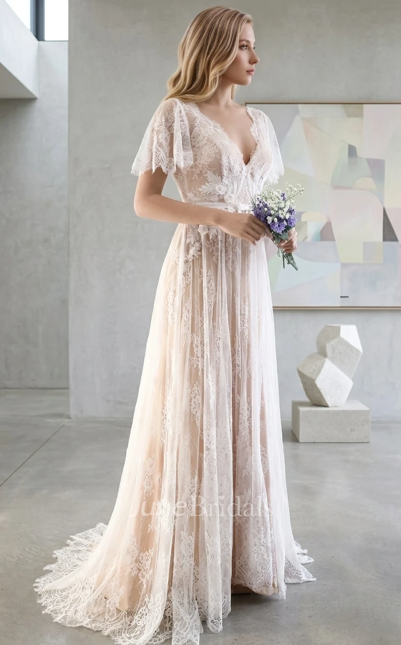 Rustic Boho Lace A-Line Wedding Dress Vintage Petals Flutter Sleeves Bridal Gown for Outdoor Weddings