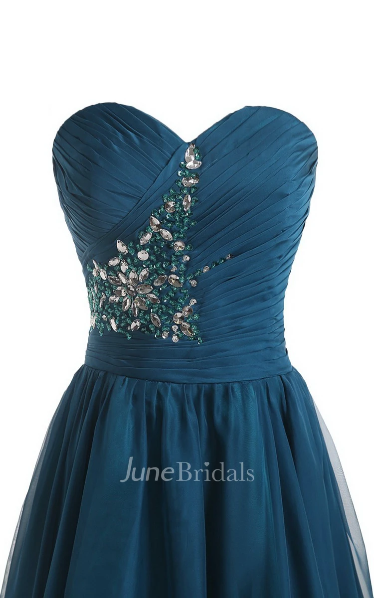 Strapless Pleat and Ruched A-line Dress With Leaf Print