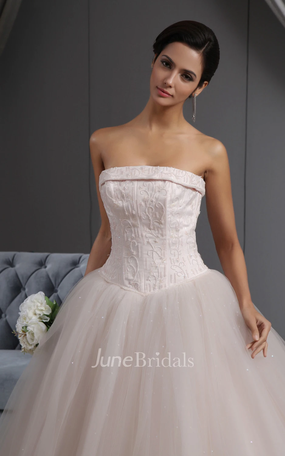 Pink Blushing A-Line Ball Gown With Embroideried Bodice And Soft Tulle