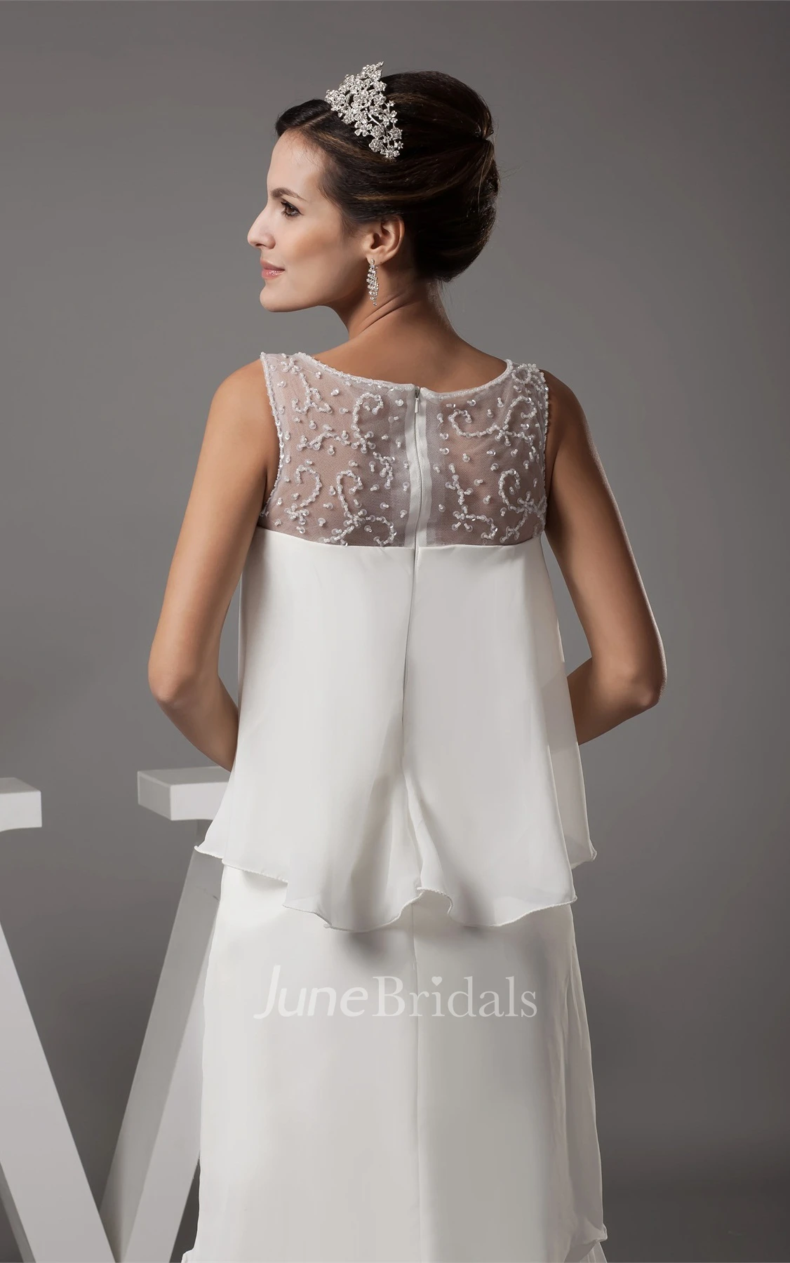 Sleeveless Chiffon Tiered High-Low Dress with Illusion Neckline