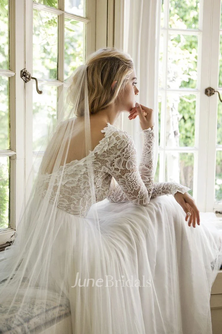 Bohemian A-line Ethereal Open Back Illusion Lace Long Sleeve Jewel Tulle Dress