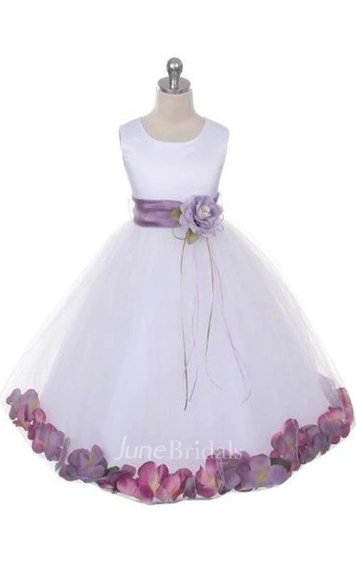 Satin Bust Pleated A-line Tulle Dress With Floating Petals and Organza Sash