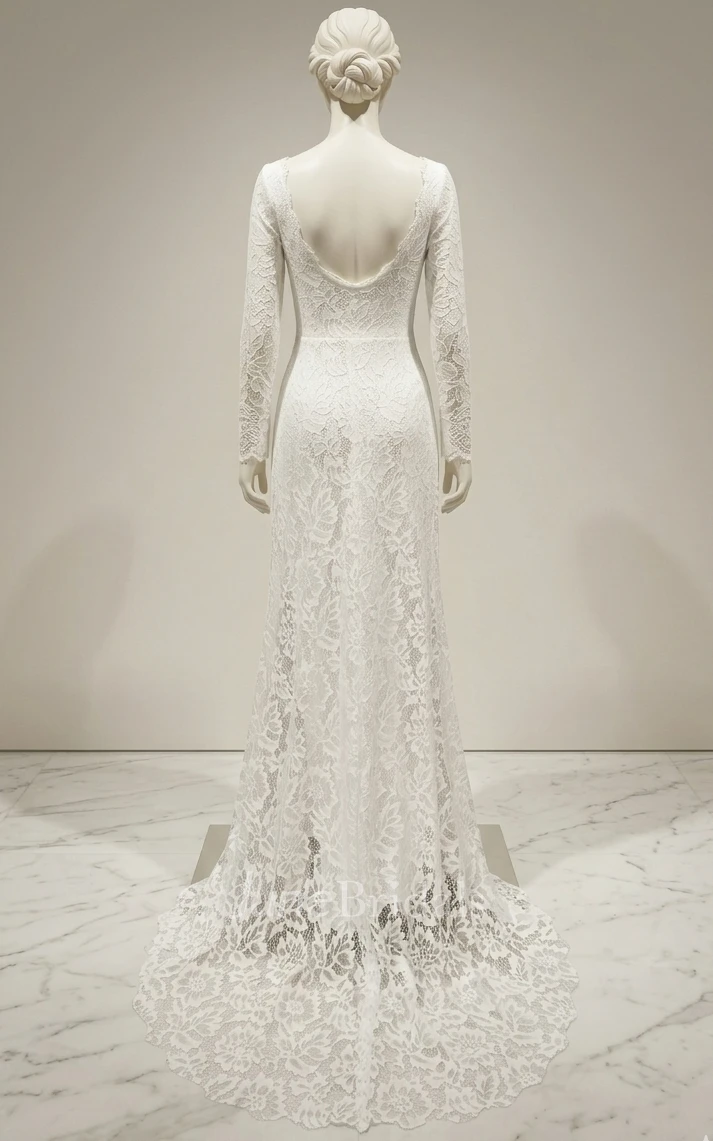 Modest Long Sleeves Civil Wedding Dress Vintage Sheath A-line Lace Bridal Gown