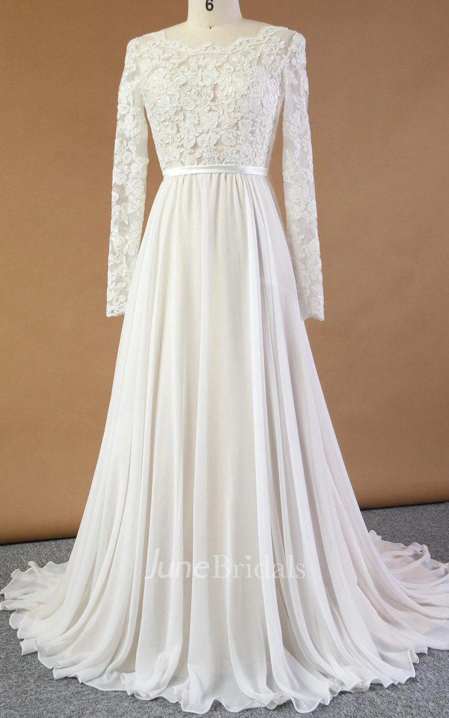Long Sleeve Chiffon Lace Satin Dress With Appliques Low-V Back - June  Bridals