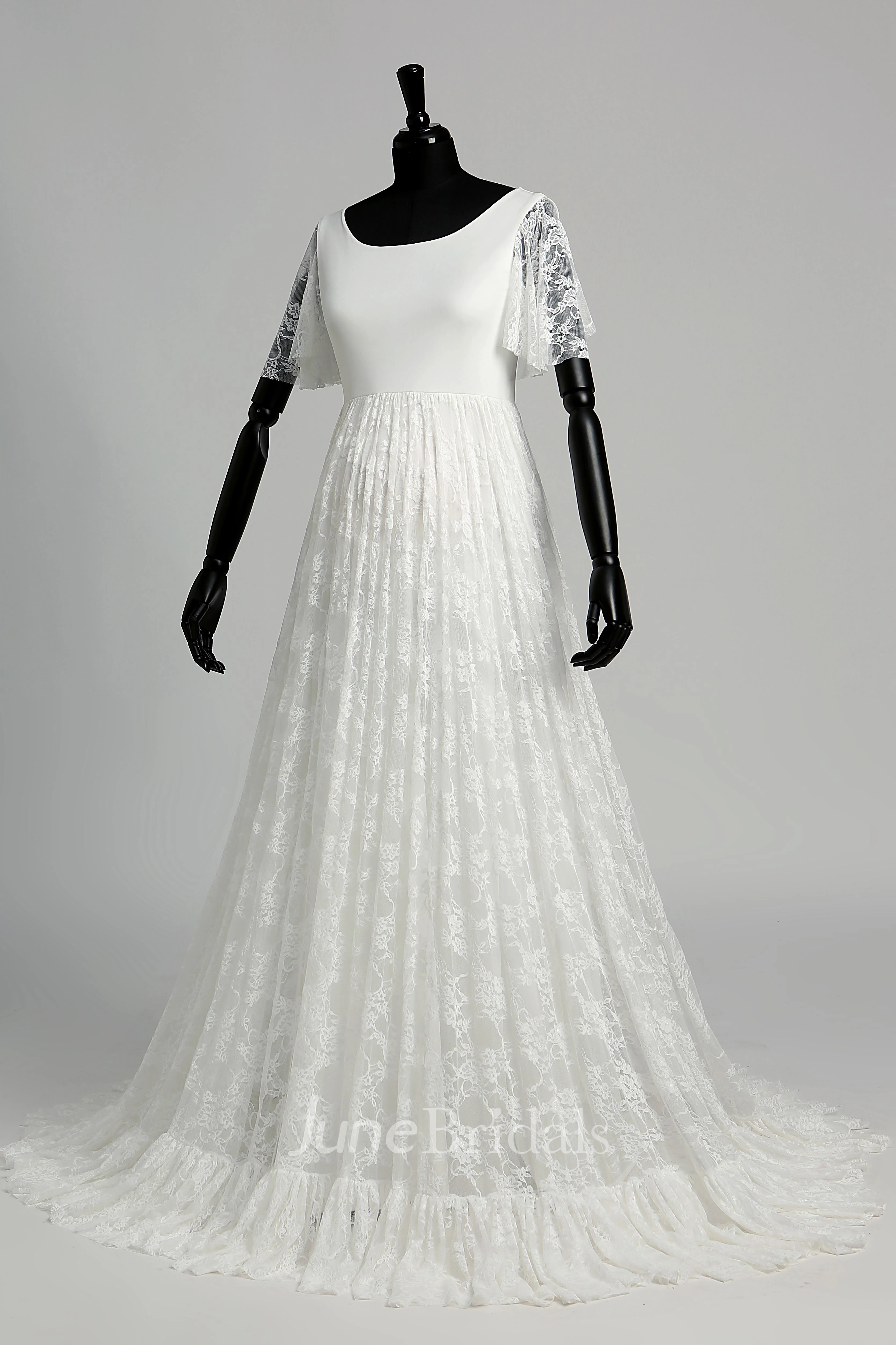 Floor-length Sweep/Brush Train A-line Scoop Illusion Short Sleeve Satin Lace Maternity Weeding Dress