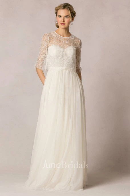 Sheath Lace Half-Sleeve Long Scoop-Neck Tulle Wedding Dress