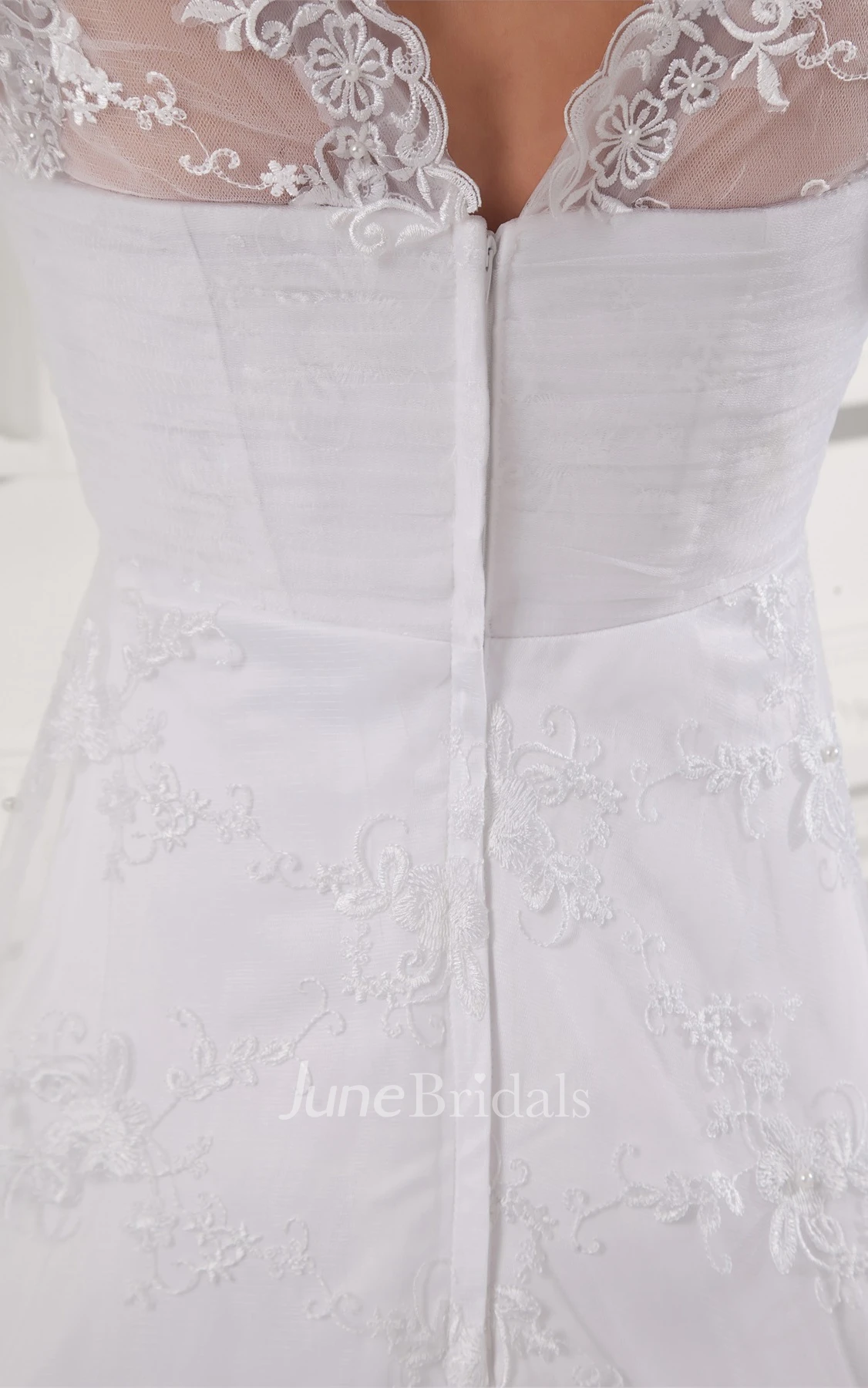 caped-sleeve lace a-line sleeveless gown with low-v back