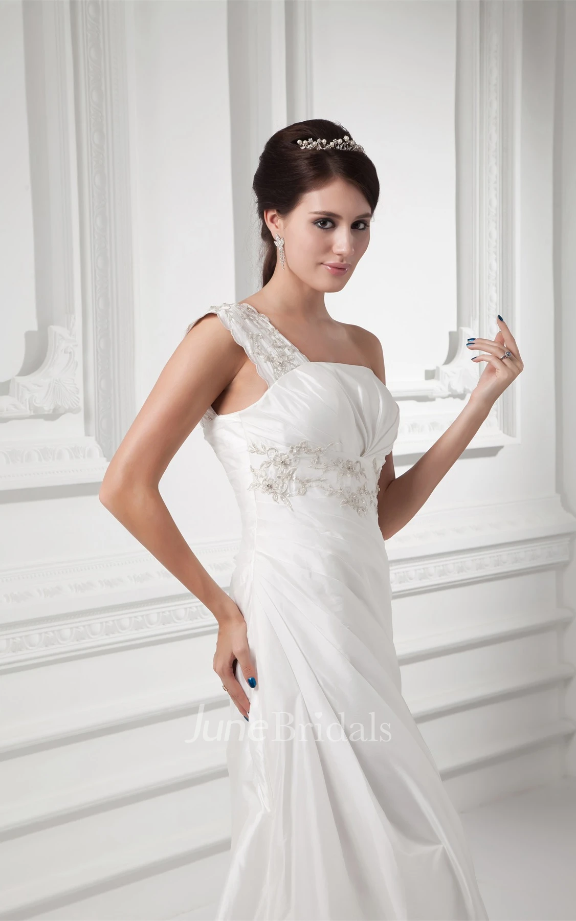 one-shoulder maxi mermaid gown with corset back and appliques