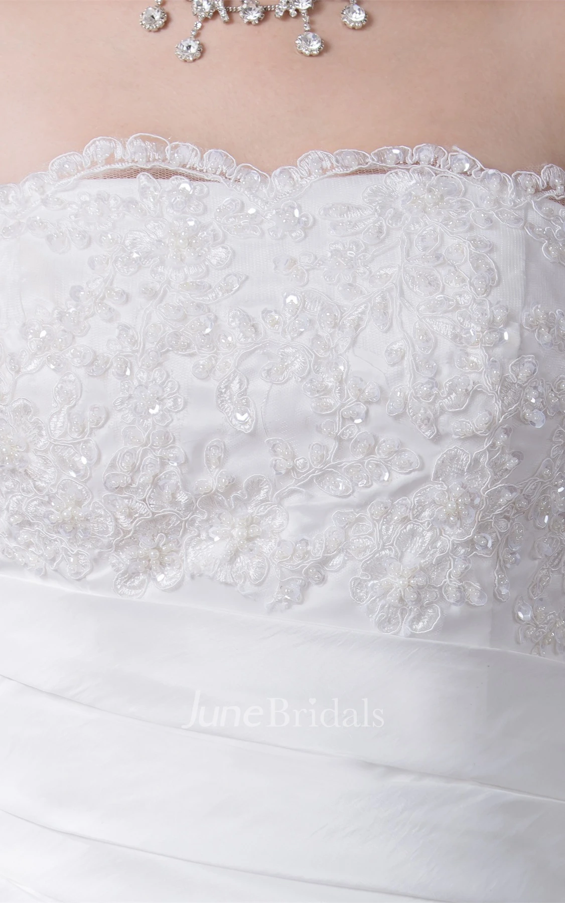 Graceful Beaded Scalloped Edge Strapless A-Line Dress with Tiered Ruffle and Flowers