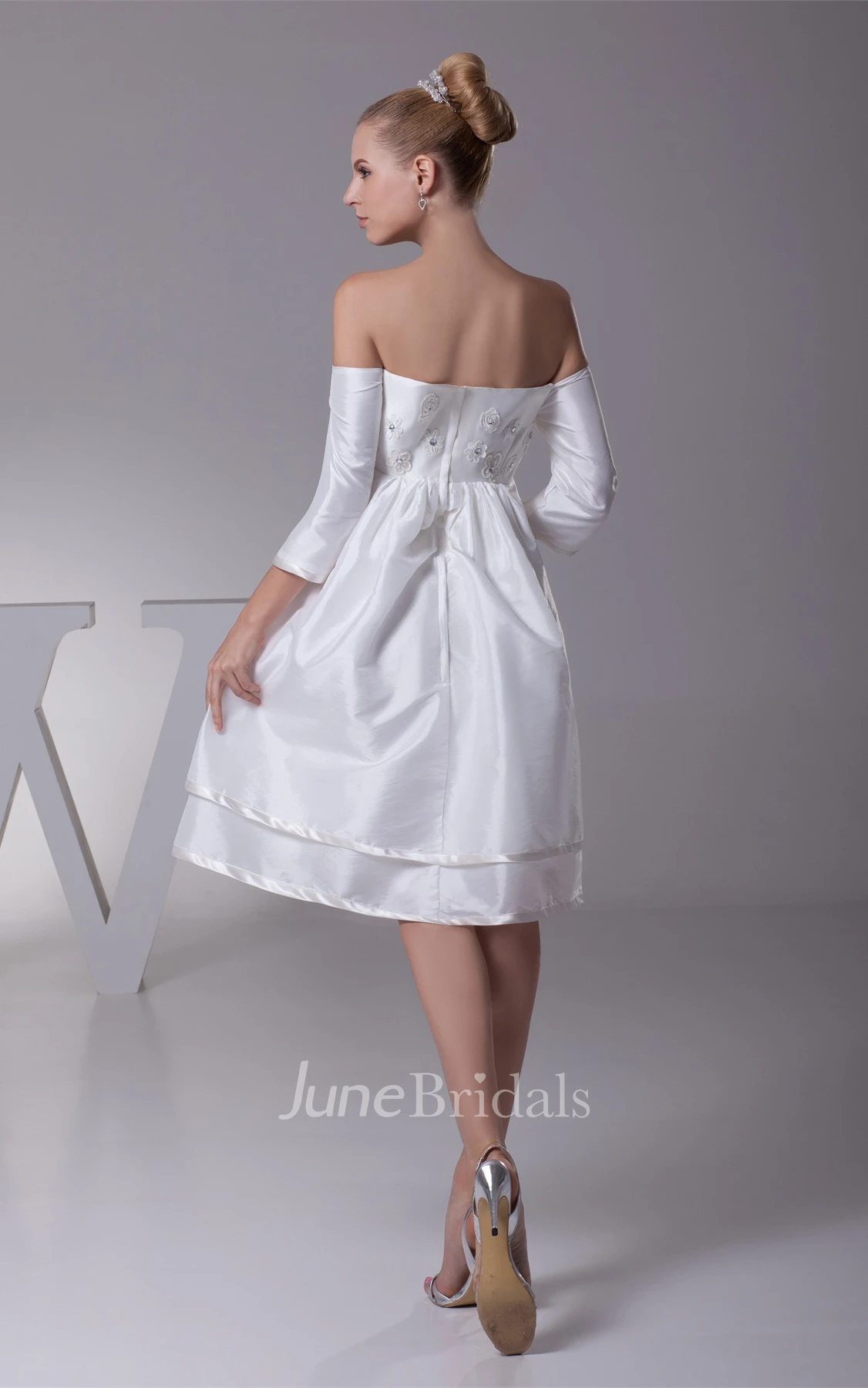 Off-The-Shoulder Empire Mini Dress with Flower and Pleats