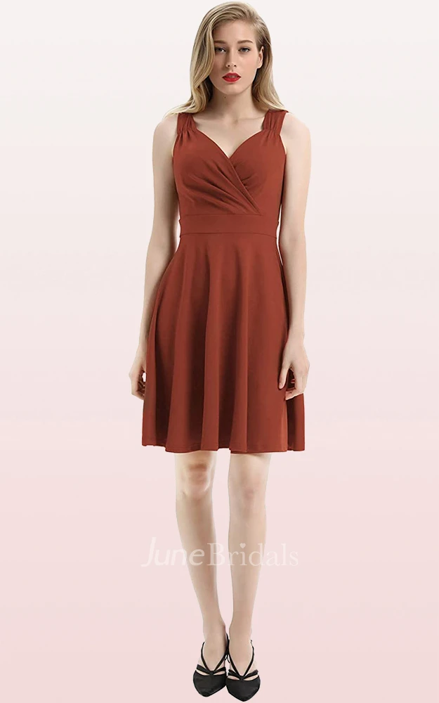 A Line V-neck Jersey Sleeveless Prom Cocktail Dress With Ruffles