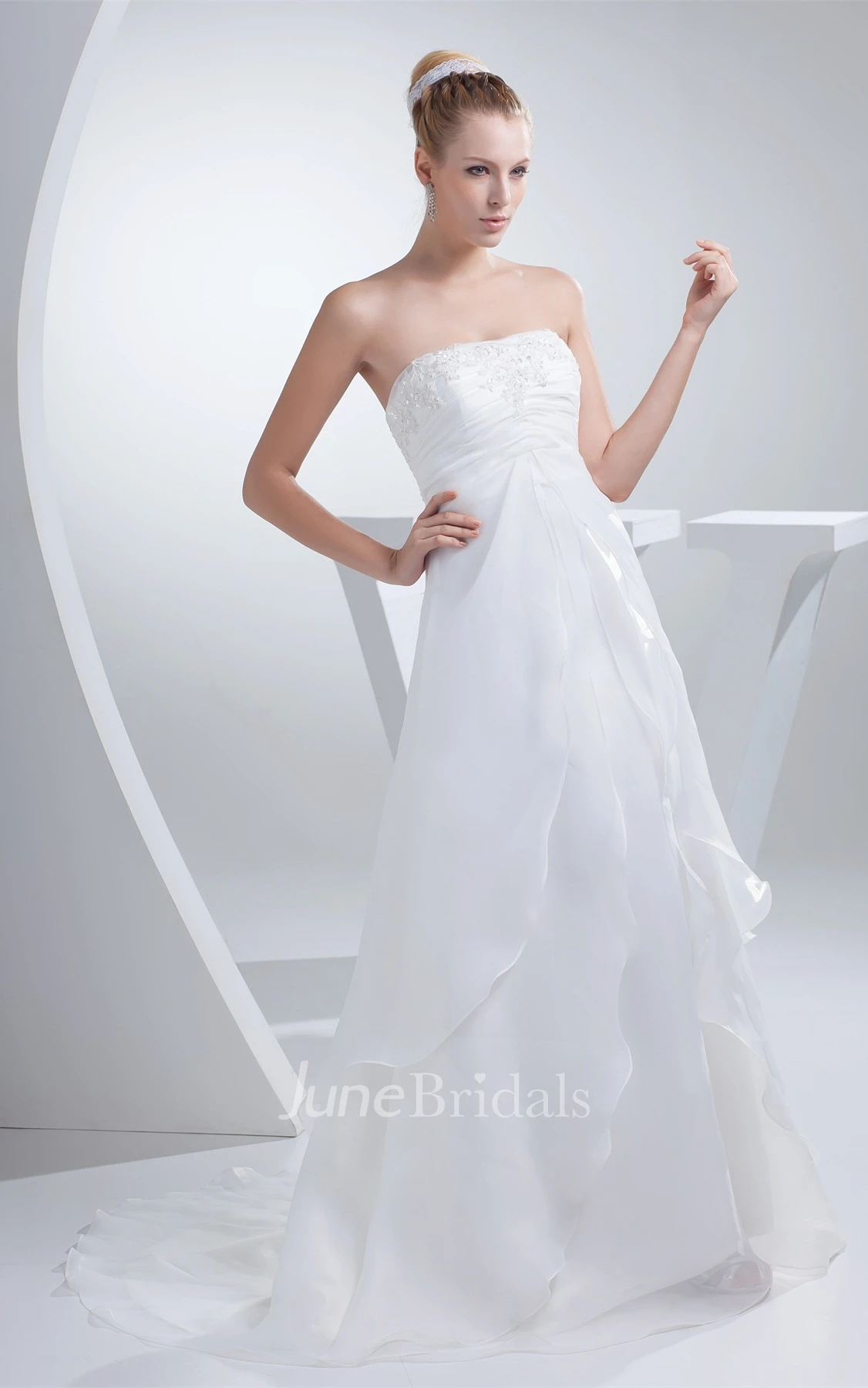 Strapless Ruched Empire A-Line Gown with Appliques