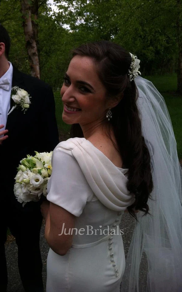 Cowl Short Sleeve Sheath Jersey Wedding Dress With Sash And Button Back