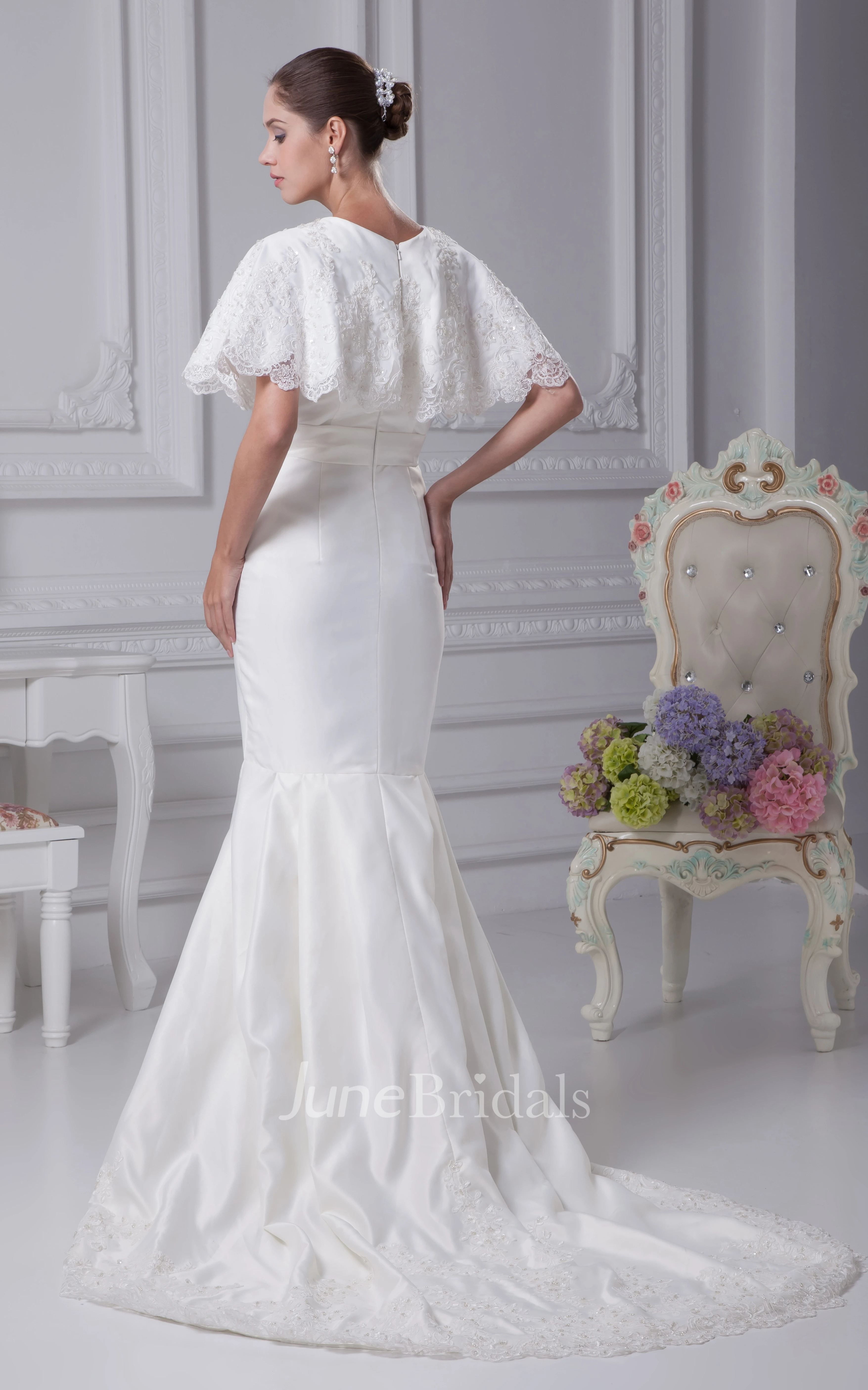 Mermaid Appliqued Satin Dress With Cape Design and Beaded Waist