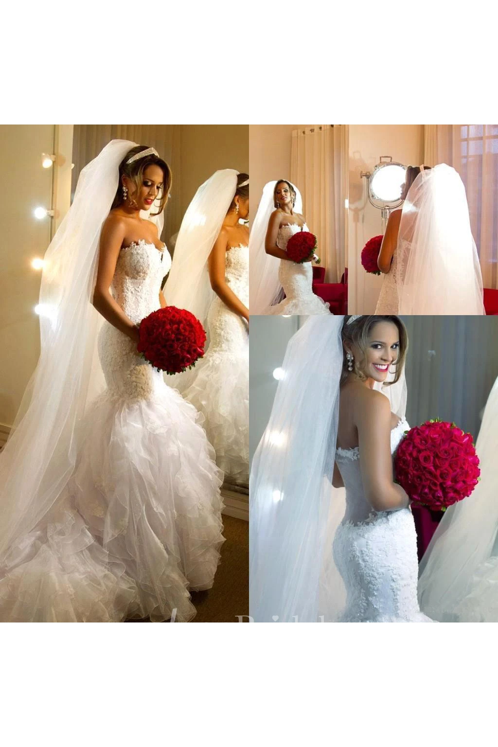 Sexy Sweetheart Backless Organza Drapped Mermaid Lace Wedding Dresses 