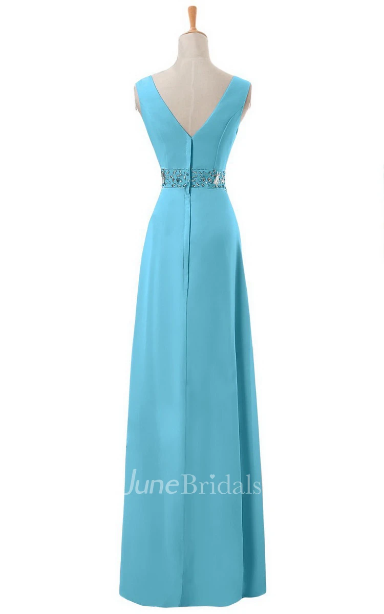 V-neck Long Empire Chiffon Dress With Rhinestones